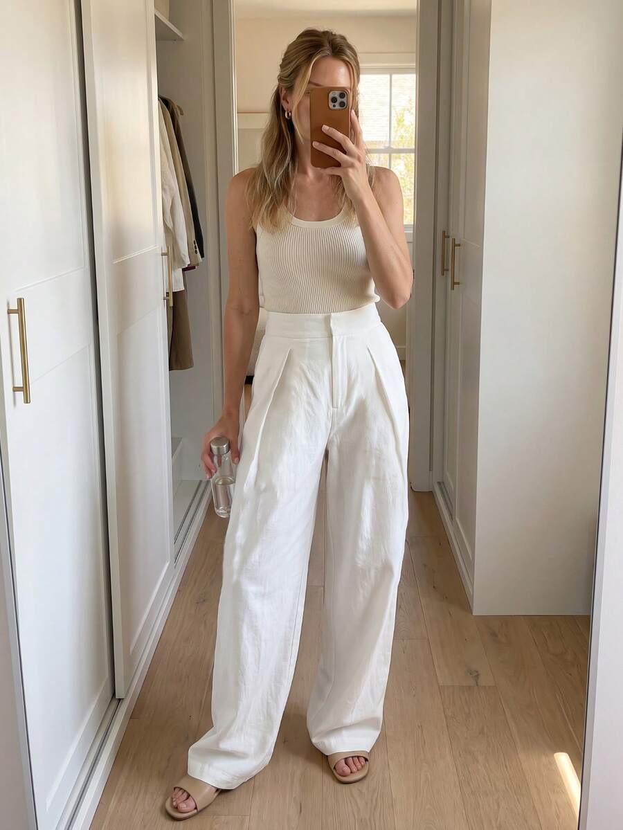 GMFP 女款夏秋休閒優雅時尚極簡通勤百搭杏色百褶寬鬆旅行套裝長褲,六月節日假期季日 - 杏色 - 查看 1