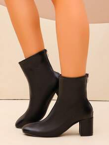 Black Velvet Square Toe Block Heel Ankle Booties Women Back Zipper Ankle Boots - Black - View 3