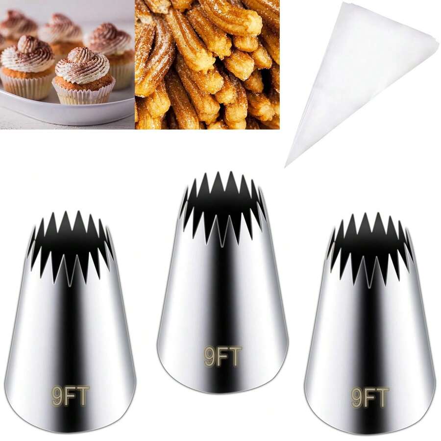 3 Pieces Stainless Steel 9FT Large Churro Piping Tip Set | Churro Maker Icing Tips, Pastry Tips For Cake Decorating, 20Pcs Disposable Piping Bags - Multicolor - View 1