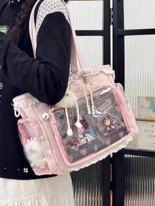 1件日系軟妹風百搭單肩包，蕾絲飾邊凸顯精緻優雅，2D JK 動漫展 DIY 透明裝飾包，珍珠蝴蝶結吊飾，雙側口袋透明層日常休閒大容量托特包，學生輕便托特包可用於書籍與課堂，可愛甜美風斜挎包，尼龍材質防水布料 Ita Bag - 粉色 - 查看 4