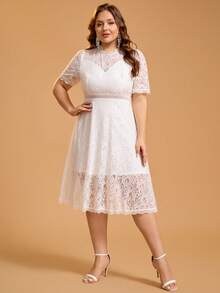 Plus Size Women's Round Neck Lace A-Line Cocktail Party Dress, Suitable For Bachelorette Party, Bridal Shower, Brunch, Graduation Party, Homecoming Dance - White - View 5