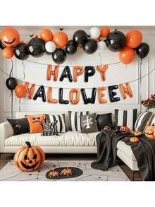 14pcs Happy Halloween Balloon Banner Set, Orange And Black Color Scheme, Suitable For Halloween, Trick Or Treat Party Decoration, Halloween Photo Booth Props, Halloween Party Decoration - Halloween - View 4