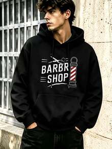 Felpa con cappuccio da uomo in stile barbiere, 100% cotone, girocollo, vestibilità comoda, stampa accattivante - nero - Visualizzare 1