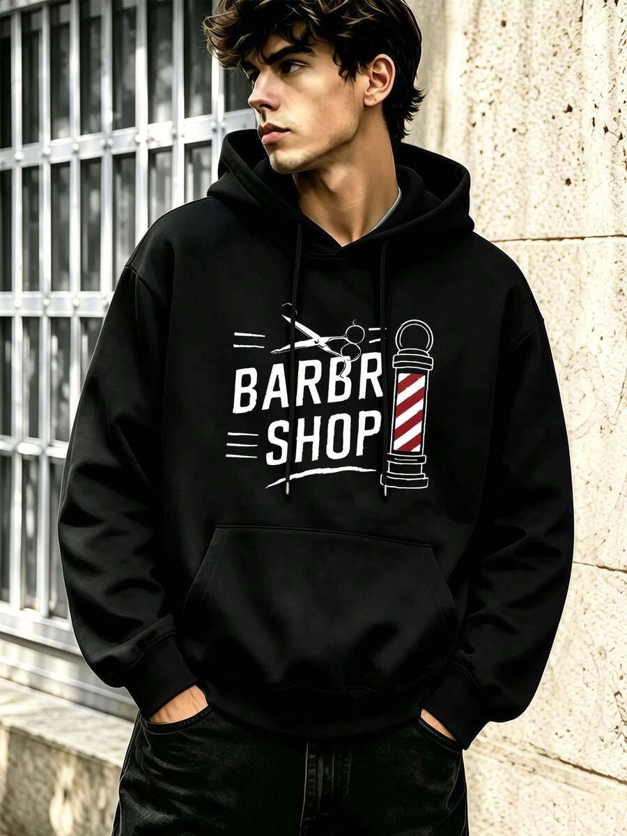 Felpa con cappuccio da uomo in stile barbiere, 100% cotone, girocollo, vestibilità comoda, stampa accattivante - nero - Visualizzare 1
