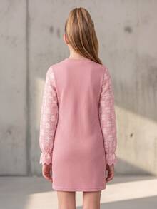 Tween Girl Knit Long Sleeve Slim Fit Floral Fashion Party Gathering Short Dress - Pink - View 2