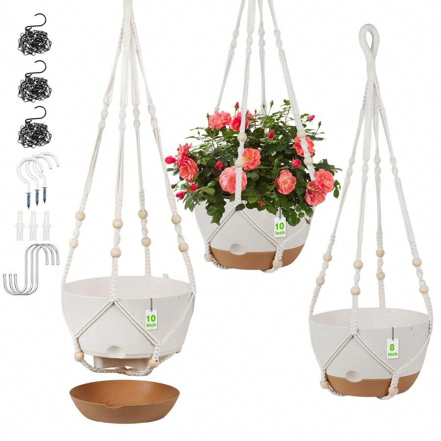 SANNAX 3 Pack Hanging Planters For Indoor Plants, 10 + 10 + 8 Inch Self-Watering Hanging Plant Pot, Macrame Plant Hanger With Pot, Ceiling Hooks, Removable Saucer And Drainage Holes For Garden Home - A - View 1