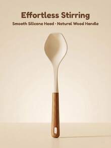 Silicone Soup Spoon: Natural Wood Heat-Insulating Handle + Off-White Silicone Spoon Head. No Residue. Suitable For Soup, Stir-Fry, Sauce Mixing. Universal Design. Does Not Damage Or Stick To Cookware Coating. - Multicolor - View 11