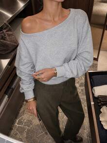 Women's Grey Pure Cotton Long Sleeve Boat Neck Pullover Sweatshirt, Ribbed Knit Top, Autumn Essential - Light Grey - View 1