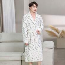1pc Cream White Micro Blue Floral Print All-Over Coral Fleece Robe, Suitable For Men And Women, Ruffled Collar, Belt Design, Loose Fit, Anti-Slip, Suitable For Bathing And Home Warmth - Multicolor - View 5