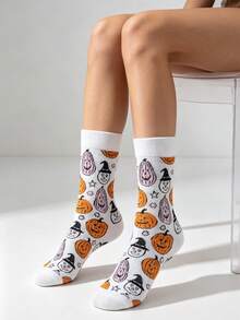 1/2 Pairs Halloween Mid-Calf Socks, White Pumpkin Wizard & Black Dancing Skeleton Print Casual Socks, Unisex - Multicolor - View 11