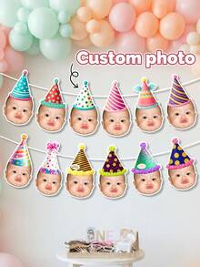 Custom Photo Birthday Banner,Multi-Style Party Hat Garland,First Birthday Party Decor, Decor,Photograph Backdrop,Family Gift, Wild One Party Theme - Multicolor - View 2