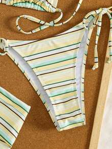 Set Baju Renang Bergaris 3 Potong - Atasan Halter yang Menarik dan Bawahan Renang Pinggang Rendah, Sempurna untuk Liburan Pantai Musim Panas - MultiWarna - View 7