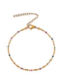 1pc French Ins Style Drip Oil Colorful Beaded Chain Anklet, Minimalist Versatile Spliced Thin Chain Foot Jewelry Shoe Accessory - Multicolor - View 5