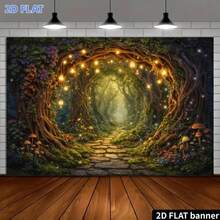 1 Peça Banner Plano 2D Bottom de Floresta Mágica com Arco de Videira e Caminho de Seixos, Design de Cogumelo e Luz Estelar, Adequado para Bottom de Banner de Celebração de Aniversário e Decoração de Quarto - 1 - Visão 5