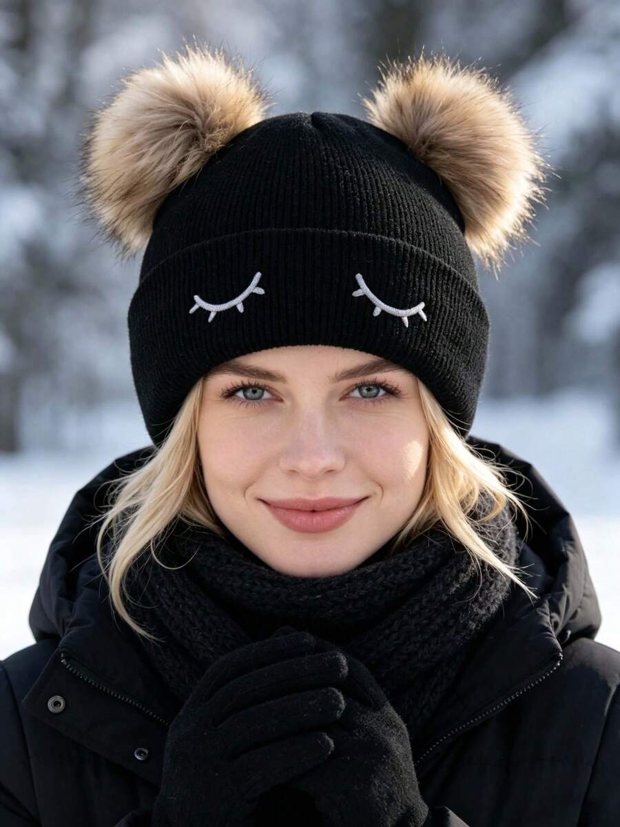 1pc Adult Women's Double Pom-Pom Knitted Hat, Cute Large Pom-Pom Woolen ...