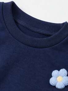 Baby Girl Navy Blue 2 In 1 Floral Sweatshirt Set, Striped Patchwork Hem 3D Blue Flower Long Sleeve Top, Raw Edge Denim Flared Pants 2-Piece Set - Navy Blue - View 5