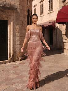 LOVE&LEMONADE Gold Cold Shoulder Sequin Tassel Long Evening Gown Wedding Dress - Gold - View 3