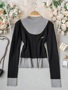 Autumn/Winter Korean Style Sweet Knit Top Sweater + Grey Vest 2pcs Set Women Casual Colorblock Mock Neck Layered College Style Embroidered Long Fall - Dark Grey - View 10