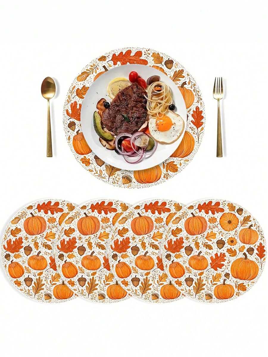6pcs/1pc Autumn Harvest Round Placemats, Pumpkin Pattern Non-Slip Heat-Resistant Table Mats, Suitable For Restaurant, Home, Kitchen Tabletop Decor, Autumn Table Accessories, Family Gatherings, Harvest Festival, Thanksgiving, Halloween Party Supplies - Multicolor - View 1