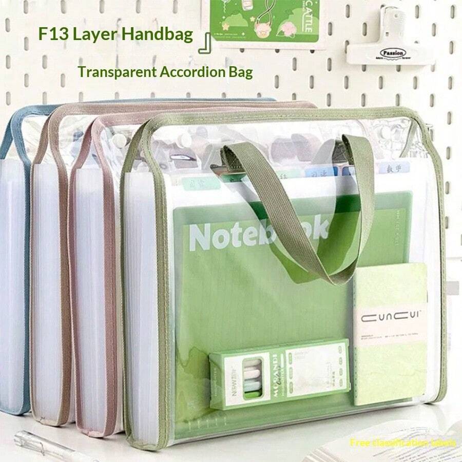 Handheld Accordion File Folder, Exam Paper Storage Bag, Student Book Bag, Large Capacity Transparent Snap Button Bag, Back To School Season - A - View 1