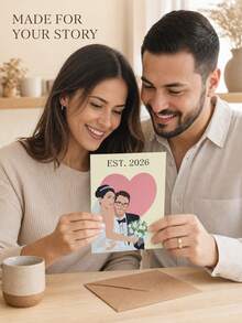 1PC Customized Photo Flat Illustrations For Wedding Greeting Cards, Personalized Couple Portraits For Folded Message Cards, Customized Anniversary Wedding Frame Cards. - Multicolor - View 6
