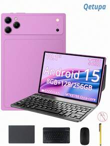 Qetupa Tablet Android 15 10,1 inci dengan casing pelindung, keyboard, mouse, dan stylus; RAM 8GB + ROM 128GB/256GB (dapat diperluas hingga 1TB); layar sentuh 1280x800; kamera depan 5MP dan kamera belakang 13MP; baterai 6000mAh; tidak mendukung kartu SIM (adaptor tidak termasuk). - Purple - View 1