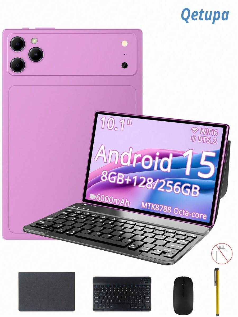 Qetupa Tablet Android 15 10,1 inci dengan casing pelindung, keyboard, mouse, dan stylus; RAM 8GB + ROM 128GB/256GB (dapat diperluas hingga 1TB); layar sentuh 1280x800; kamera depan 5MP dan kamera belakang 13MP; baterai 6000mAh; tidak mendukung kartu SIM (adaptor tidak termasuk). - Purple - View 1
