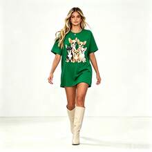 Camiseta Mujer Estampado Chihuahua, cuello redondo, manga corta, tejido elástico cómodo. Ropa casual de verano, uso diario, lavable aáquina, para amantes de mascotas. - Verde - Ver 4