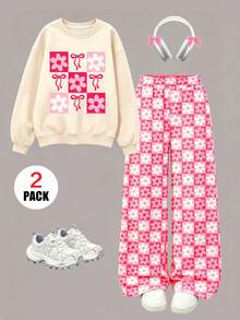 2pcs/Set Girls Outfit, Includes 1pc Floral Plaid Crew Neck Sweatshirt And 1pc Random Floral Plaid All-Over Print Wide Leg Pants, Suitable For Spring, Autumn And Winter - Multicolor - View 2