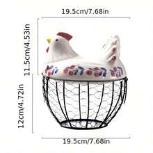 [Kitchen Essentials/Kitchen Decor And Accessories]Metal Wire Egg Basket With Floral Ceramic Hen Cover, Farm Fresh Egg Collector Organizer For Kitchen Counter, Vintage Rustic Farmhouse Decor Must-Have Viral Kitchen Accessory - Flower - View 4
