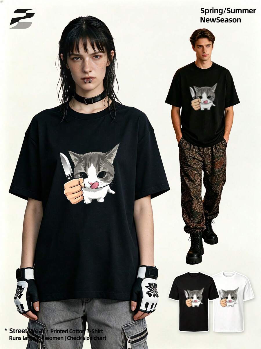 Summer Casual Soft Cotton Printed Round Neck Short Sleeve Tops, New Arrival, Vintage European Street Style Retro-Hop Y2K. - Black - View 1