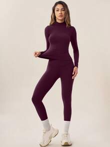 TimeOff Setelan Legging Ketat Lengan Panjang Kerah Tegak Slim Fit Warna Polos untuk Wanita Musim Gugur/Dingin - Burgundy - View 9