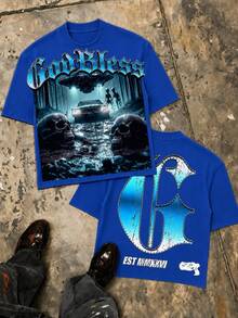 Godbless UFO Alien Double Sided Graphic Tee, Oversized Retro Streetwear Men Summer Top, Graduation Holiday Gift - 藍色 - 查看 12
