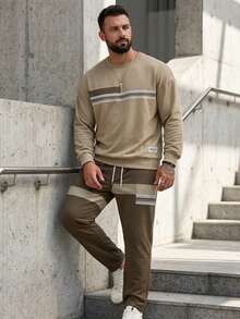 Men's Fashionable Versatile Graphic & Letter Print Crew Neck Sweatshirt And Pants Set, Autumn/Winter - Multicolor - View 3