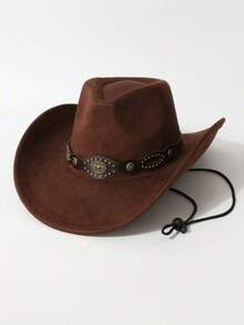 Vintage Suede Cowboy Hat, Unisex, Western Style Wide Brim Rider Hat, With Bronze Long Horn Buckle Strap, Adjustable Windproof Felt Cowboy Hat, Suitable For Horse Riding Festival, Beach Travel And Sun Protection - Suede Eye Gold Bull Head Hat - View 9