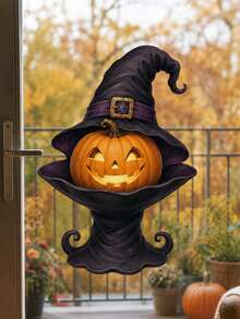 1pc Halloween Witch Hat Jack-O'-Lantern Window Sticker, Self-Adhesive Peel And Stick PVC Window Decal, Waterproof Removable Cute Pumpkin Glass Door Decor For Kitchen Kids Room & Halloween Party Home Decoration - Multicolor 2 - View 13