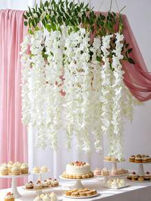 4pcs Artificial Wisteria Hanging Flowers And Vines, Great For Decorating Home, Wedding Arches, Walls, Gardens, Plants, Offices, Parties, Back-To-School, Or Halloween - White - View 8