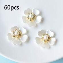 30pcs Faux Pearl Rhinestone Flower Design Charms, Faux Pearl Embellishments Brooch Flat Back Alloy Flower Rhinestone Buttons For Jewelry Making Clothes Bags Shoes Supplies Wedding DIY And Sew Craft Projects Valentines - 5-petal Flower White - View 9