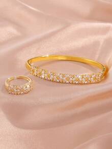 rakol 2pcs/Set Luxury Gold Flower Zirconia Inlaid Silver Bracelet & Ring Set - Gold Flower - View 2