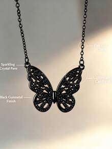 1pc Black Enamel Butterfly Pendant Necklace, Delicate Black Chain, Suitable For Commute, Party And Various Occasions - Black - View 4
