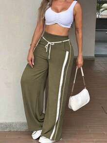 Women's Fall Color-Block Striped Casual Pants, Elastic Waistband, Pockets, Straight-Leg Style - Army Green - View 1