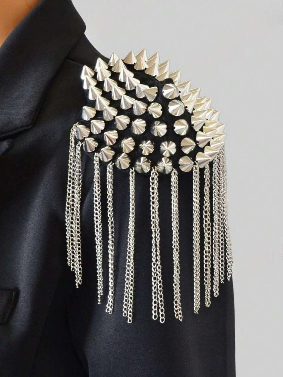 1pc Fashion Gold Studded Tassel Shoulder Brooch - Silver - View 1
