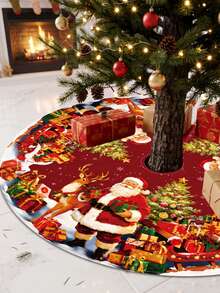1pc Red Christmas Tree Skirt With Santa Claus&Reindeer&Christmas Tree&Gift Boxes Pattern, Drawstring Closure, Circular Fit For Christmas Tree Decoration, Holiday Party Decoration, Merry Christmas Decoration, Xmas Decoration, Winter Home Decor - Christmas a - View 2