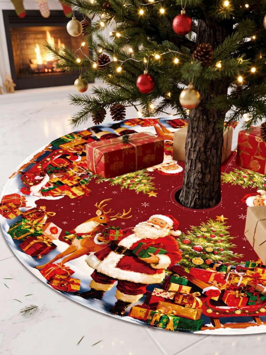 1pc Red Christmas Tree Skirt With Santa Claus&Reindeer&Christmas Tree&Gift Boxes Pattern, Drawstring Closure, Circular Fit For Christmas Tree Decoration, Holiday Party Decoration, Merry Christmas Decoration, Xmas Decoration, Winter Home Decor