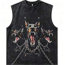 2026 New Arrival Summer Unisex Cerberus Doberman Graphic T-Shirt,Sleeve Tee, Gothic Three-Headed Dog Print Oversized Top For Streetwear - 黑色背心 - 查看 10