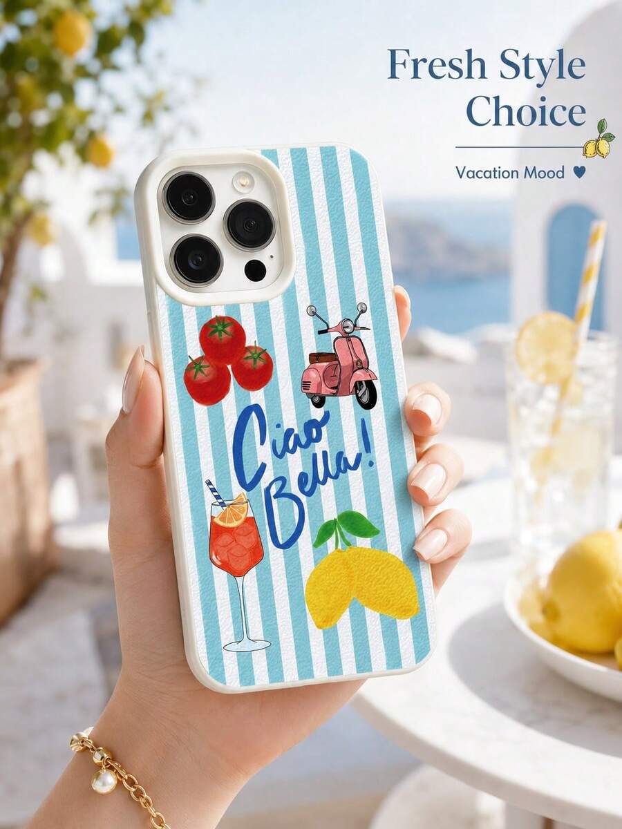 1 buah Casing Ponsel Matte Anti-Jatuh dengan Kamera 2D Motif Liburan Musim Panas Mediterania Italia, Kompatibel dengan iPhone 17 Air 16 15 14 13 12 11 Pro Max Plus - Krem - View 1