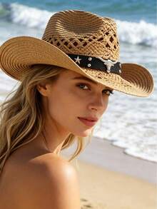 1 pieza Sombrero de vaquero de paja hueca, banda tejida de ganchillo transpirable, ala ancha vintage, accesorio de vibra enérgica, adecuado para festival de música y vacaciones en la playa - sombrero de paja - Ver 10