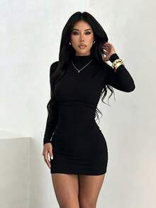 女款秋季黑色小立領修身迷你洋裝，適合返校派對與日常穿著 - 黑色 - 查看 5