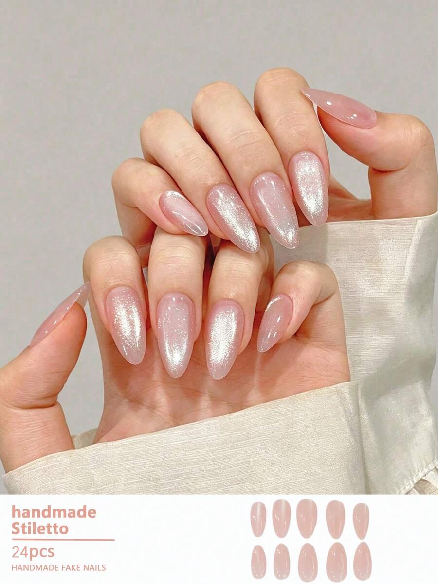 24pcs Handmade Wearable Nail Stickers Set, Pointed Almond Shape, Grey Cat Eye Glitter Effect, Premium Look, Suitable For Students And Pregnant Women, Daily And Party Wear