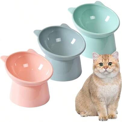 Juego de 3 comederos elevados para gatos - Comedero elevado con forma de orejas de gato, base antideslizante y diseño ergonómico para el cuello - Plato tricolor para mascotas (rosa/verde/azul)